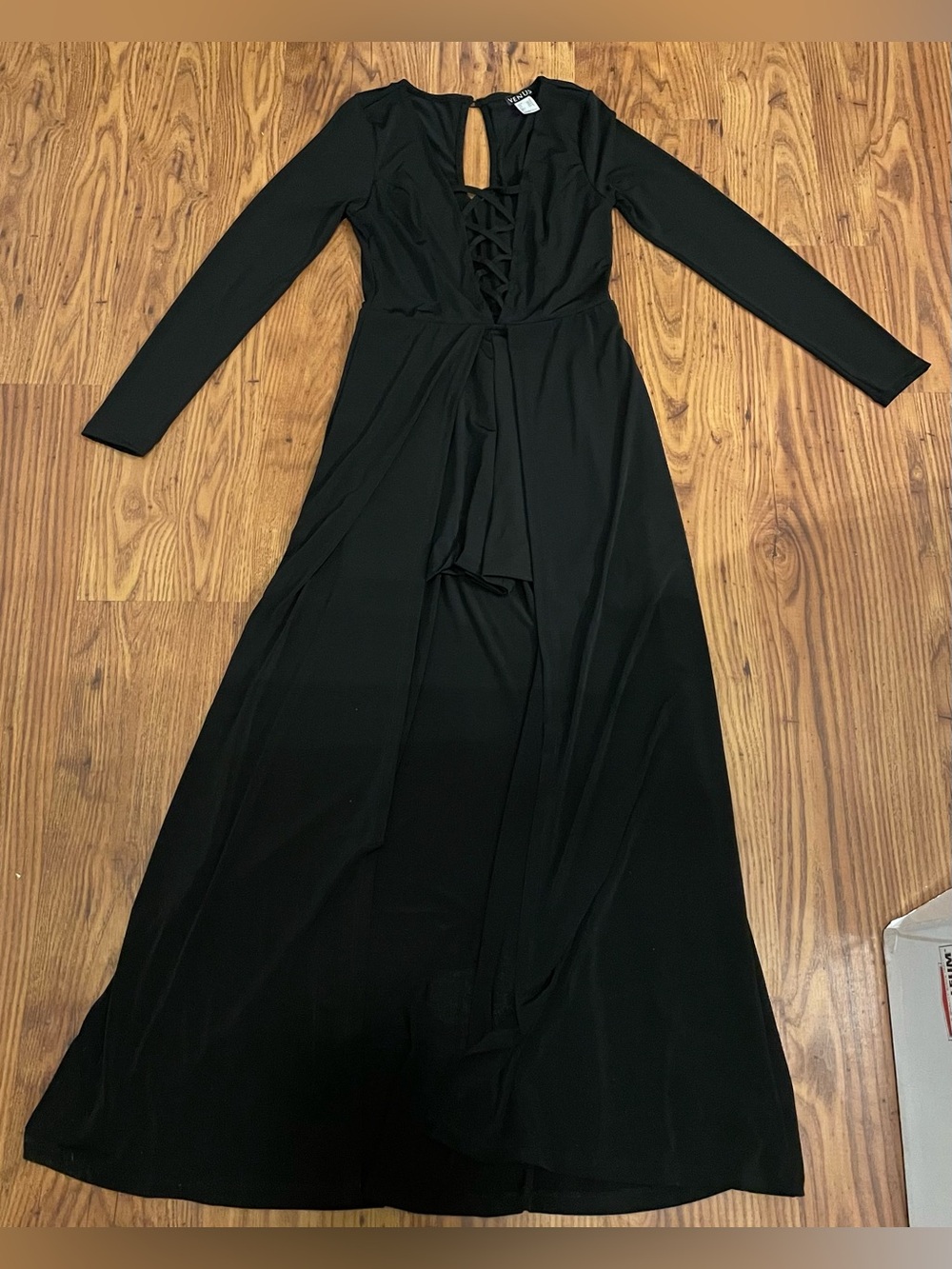 VENUS Black Lace-Up Long Sleeve Lace Up Front Split Maxi Romper Shorts Dress SM